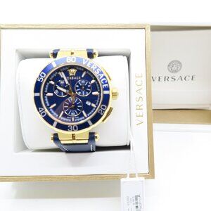 Versace VE3L00322 Gold & Blue Leather Greca Chrono Swiss Quartz Watch for Men.